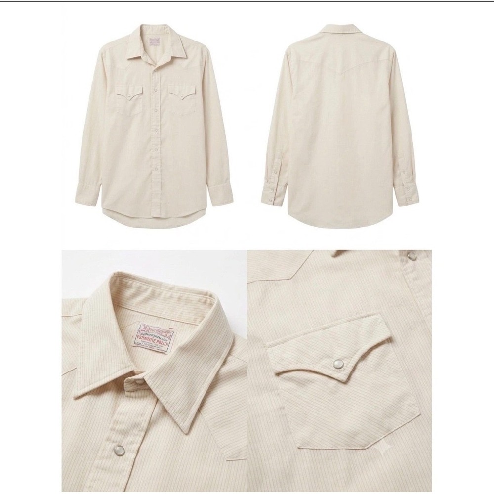 Vintage H Bar C Ranchwear Western Pearl Snap Shirt Cream Tan Grid Made in USA